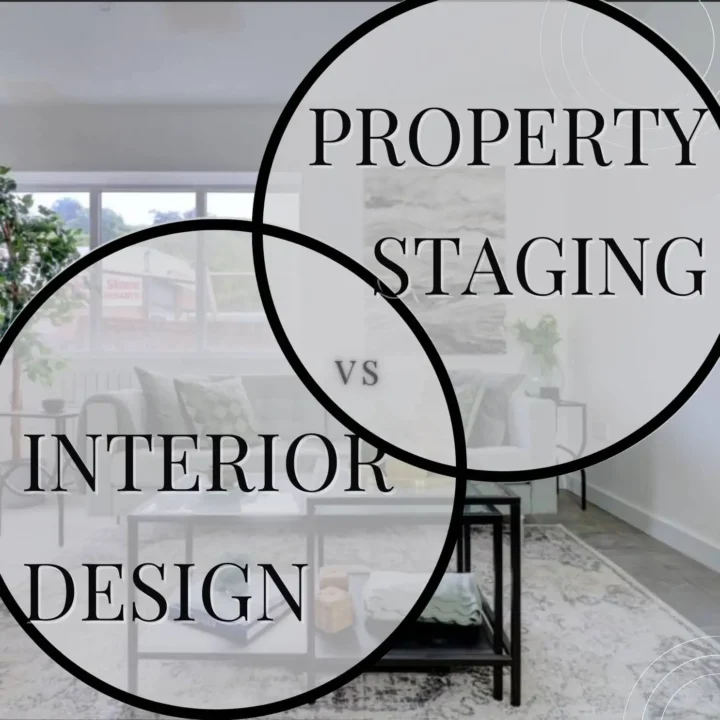 property staging versus interior design in two black circles over a background image of a living room